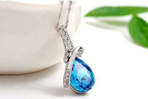 Water Drop Silver Chain Crystal Necklace - BLUE