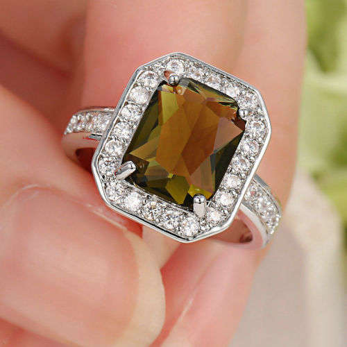 Olive Green Wedding Ring 10KT white Gold Filled  Size 6