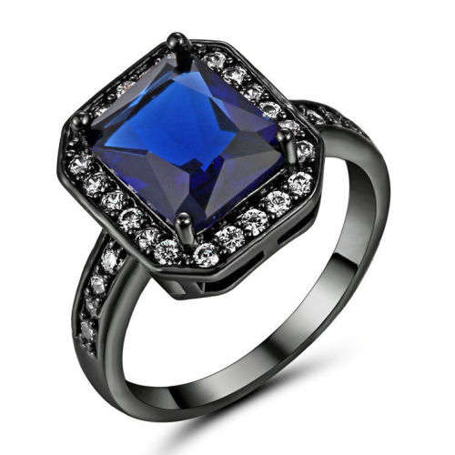 Vintage Square Navy blue Wedding Ring 10KT Black Gold Filled Size 8