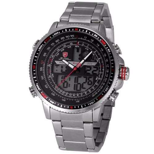 SHARK New Men Quartz Date Sport Watch Black Red Stopwatch Stainless Steel