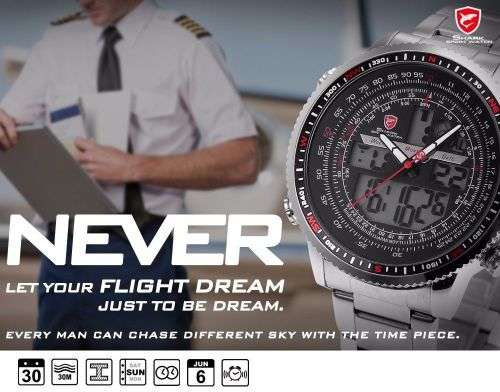 SHARK New Men Quartz Date Sport Watch Black Red Stopwatch Stainless Steel