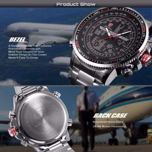 SHARK New Men Quartz Date Sport Watch Black Red Stopwatch Stainless Steel