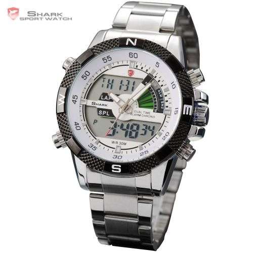 SHARK LCD Date Day Chronograph Whitte Quartz Stainless Steel Men Sport Watch Ref27
