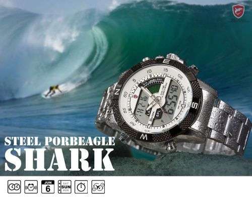 SHARK LCD Date Day Chronograph Whitte Quartz Stainless Steel Men Sport Watch Ref27
