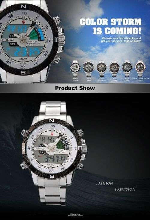 SHARK LCD Date Day Chronograph Whitte Quartz Stainless Steel Men Sport Watch Ref27
