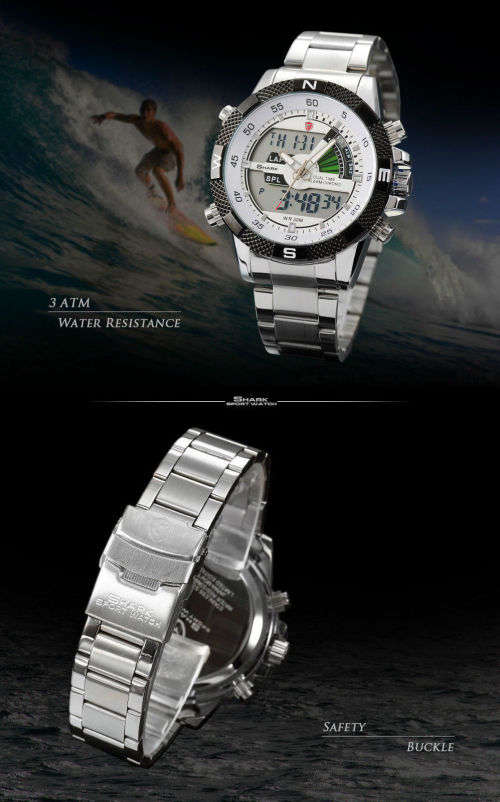 SHARK LCD Date Day Chronograph Whitte Quartz Stainless Steel Men Sport Watch Ref27