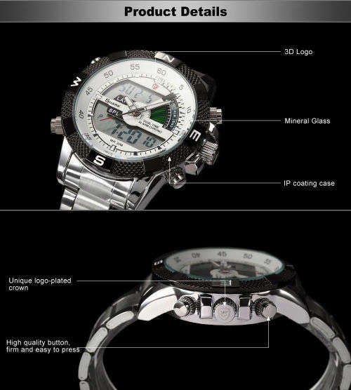 SHARK LCD Date Day Chronograph Whitte Quartz Stainless Steel Men Sport Watch Ref27