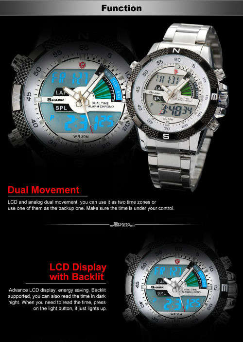 SHARK LCD Date Day Chronograph Whitte Quartz Stainless Steel Men Sport Watch Ref27