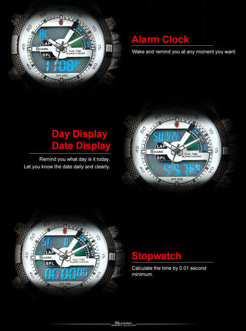 SHARK LCD Date Day Chronograph Whitte Quartz Stainless Steel Men Sport Watch Ref27