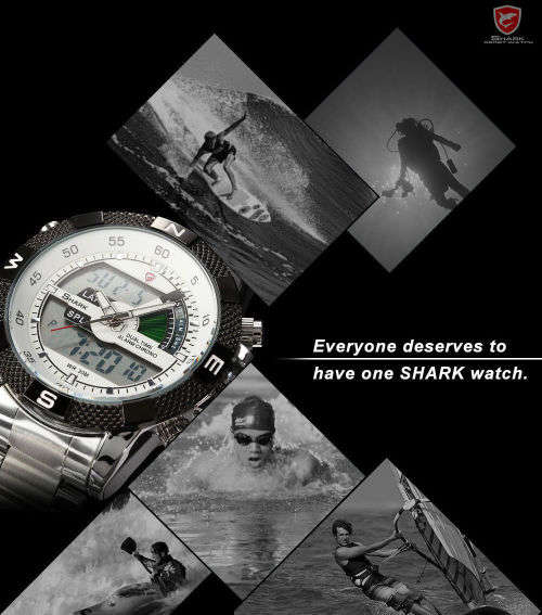 SHARK LCD Date Day Chronograph Whitte Quartz Stainless Steel Men Sport Watch Ref27