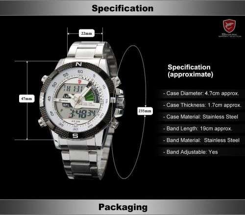 SHARK LCD Date Day Chronograph Whitte Quartz Stainless Steel Men Sport Watch Ref27