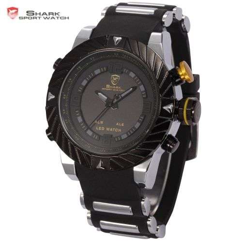 Shark LED Digital Date Silicone Men Yellow Quartz Sport MilitaryWrist Watch Ref28