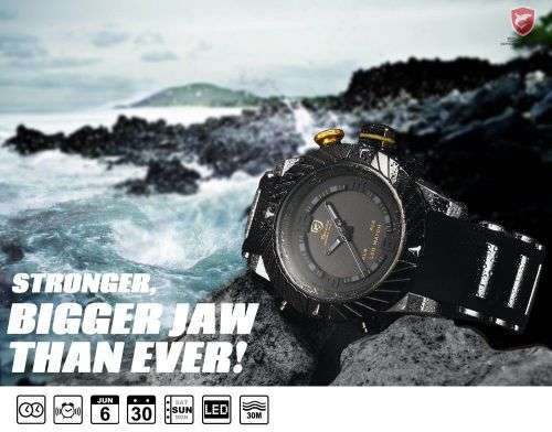 Shark LED Digital Date Silicone Men Yellow Quartz Sport MilitaryWrist Watch Ref28