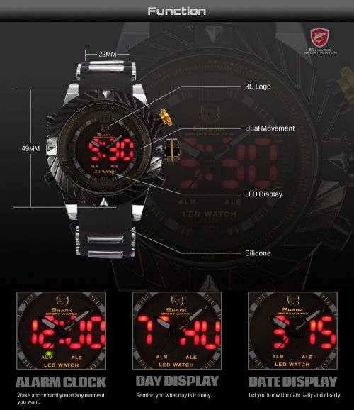 Shark LED Digital Date Silicone Men Yellow Quartz Sport MilitaryWrist Watch Ref28