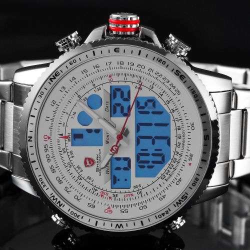 SHARK Fashion Mens Quartz Sport Wrist Watch White LCD Stopwatch Stainless Steel Ref25