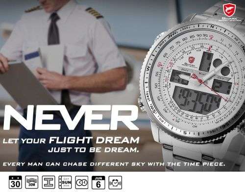 SHARK Fashion Mens Quartz Sport Wrist Watch White LCD Stopwatch Stainless Steel Ref25