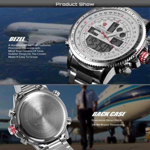 SHARK Fashion Mens Quartz Sport Wrist Watch White LCD Stopwatch Stainless Steel Ref25