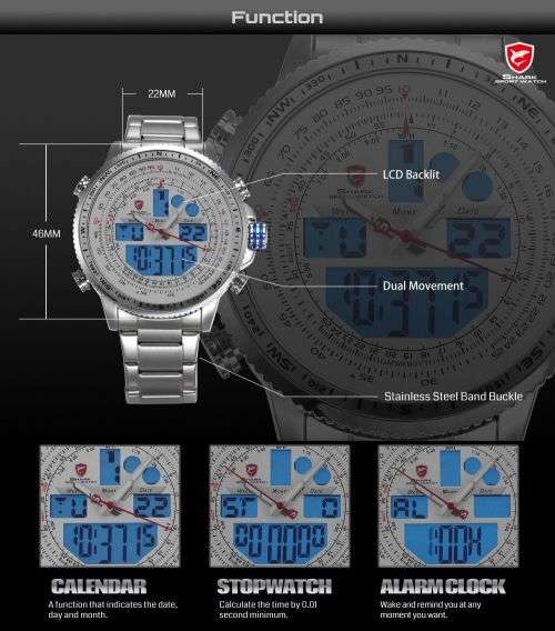 SHARK Fashion Mens Quartz Sport Wrist Watch White LCD Stopwatch Stainless Steel Ref25