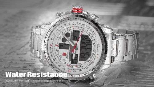 SHARK Fashion Mens Quartz Sport Wrist Watch White LCD Stopwatch Stainless Steel Ref25