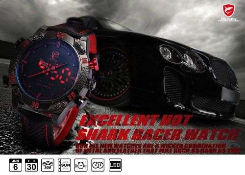 Kitefin SHARK LED Digital Red Date Day Leather Military Sport Men Wrist Watch