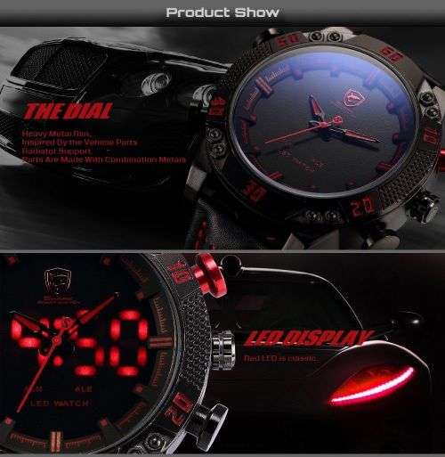 Kitefin SHARK LED Digital Red Date Day Leather Military Sport Men Wrist Watch