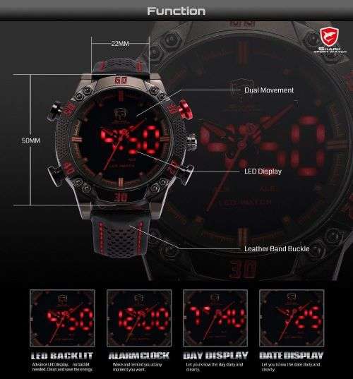 Kitefin SHARK LED Digital Red Date Day Leather Military Sport Men Wrist Watch