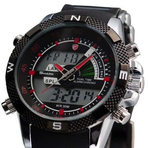 SHARK Fashion Men Red LCD Digital Date Day Chronograph Sport Quartz Wrist Watch