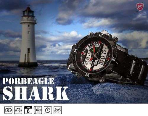 SHARK Fashion Men Red LCD Digital Date Day Chronograph Sport Quartz Wrist Watch