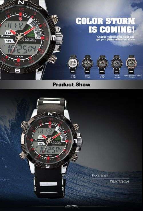 SHARK Fashion Men Red LCD Digital Date Day Chronograph Sport Quartz Wrist Watch