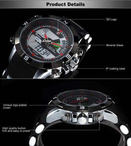 SHARK Fashion Men Red LCD Digital Date Day Chronograph Sport Quartz Wrist Watch