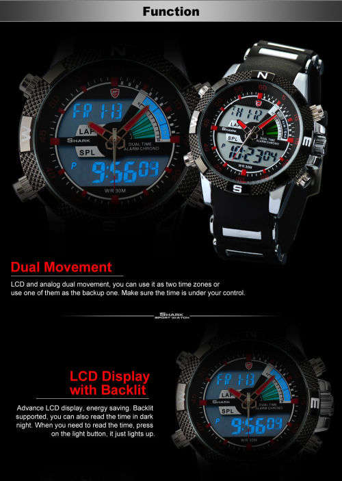 SHARK Fashion Men Red LCD Digital Date Day Chronograph Sport Quartz Wrist Watch