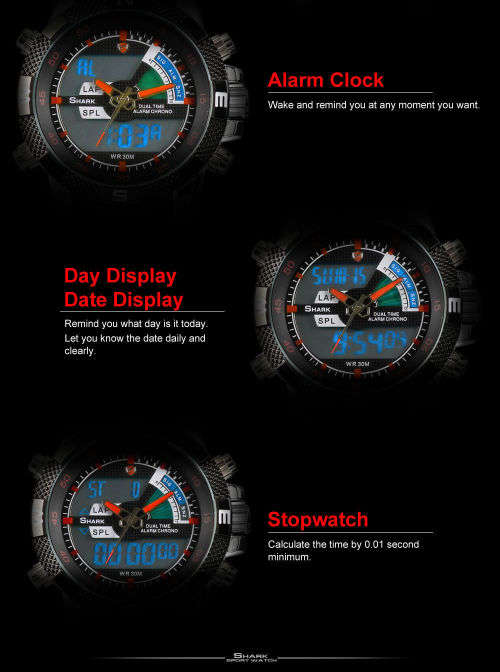 SHARK Fashion Men Red LCD Digital Date Day Chronograph Sport Quartz Wrist Watch