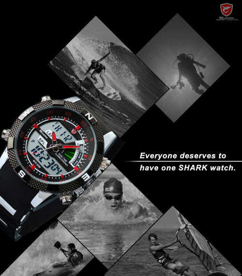 SHARK Fashion Men Red LCD Digital Date Day Chronograph Sport Quartz Wrist Watch