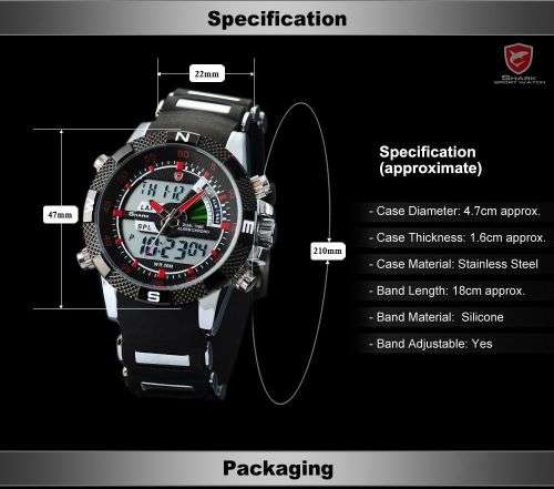 SHARK Fashion Men Red LCD Digital Date Day Chronograph Sport Quartz Wrist Watch