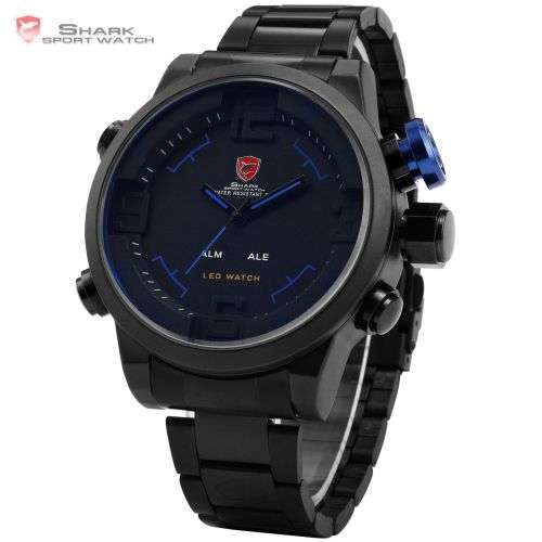 Gulper Shark LED Digital Date Day Alarm Black Blue Men Quartz Sport Wrist Watch
