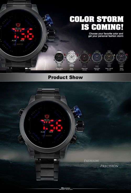 Gulper Shark LED Digital Date Day Alarm Black Blue Men Quartz Sport Wrist Watch