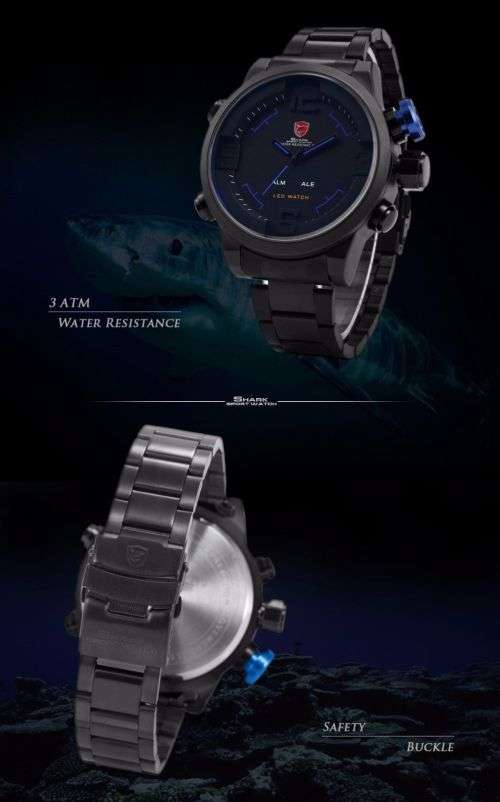 Gulper Shark LED Digital Date Day Alarm Black Blue Men Quartz Sport Wrist Watch