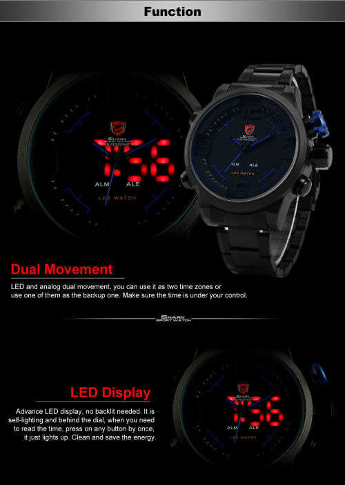 Gulper Shark LED Digital Date Day Alarm Black Blue Men Quartz Sport Wrist Watch