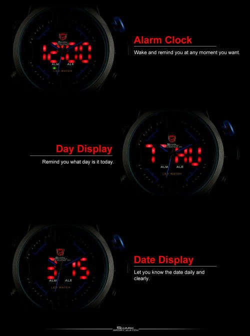 Gulper Shark LED Digital Date Day Alarm Black Blue Men Quartz Sport Wrist Watch