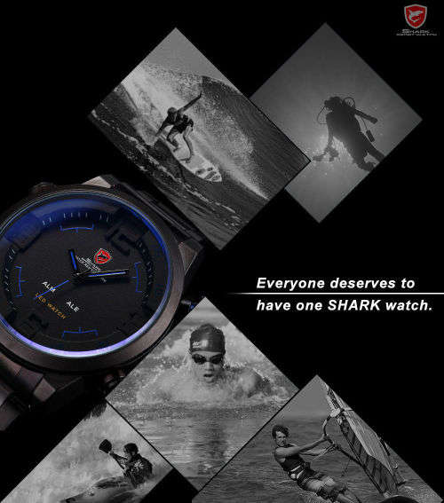 Gulper Shark LED Digital Date Day Alarm Black Blue Men Quartz Sport Wrist Watch