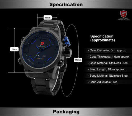 Gulper Shark LED Digital Date Day Alarm Black Blue Men Quartz Sport Wrist Watch