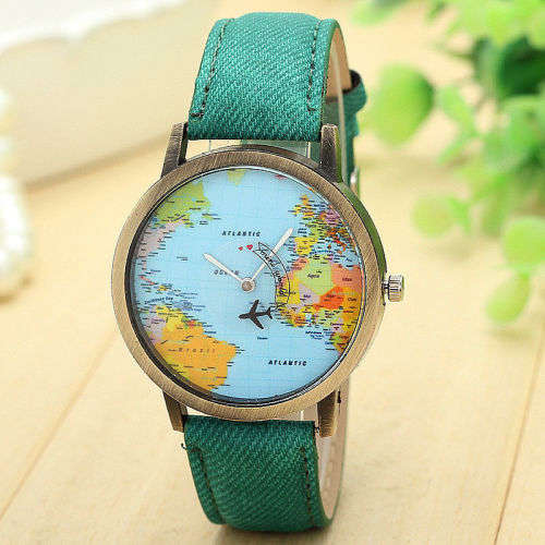Global Travel By Plane Map Women Dress Watch Denim Fabric - Green