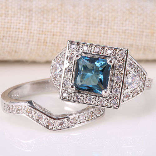 2.1ct 2pcs/set Silver Blue Topaz Gemstone Size 9 Wedding Ring