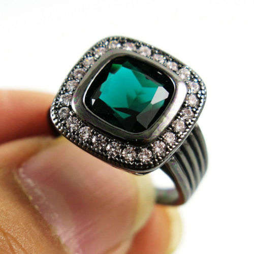 Size 6 Malachite Green Engagement Ring 10KT Black Gold Filled
