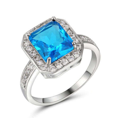 Size 7 Aquamarine Gems Engagement Ring 10KT White Gold Filled