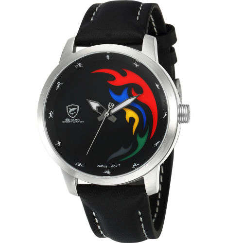 Genuine SHARK Men's Black Leather Band Round Sport Wrist Watch Ref02