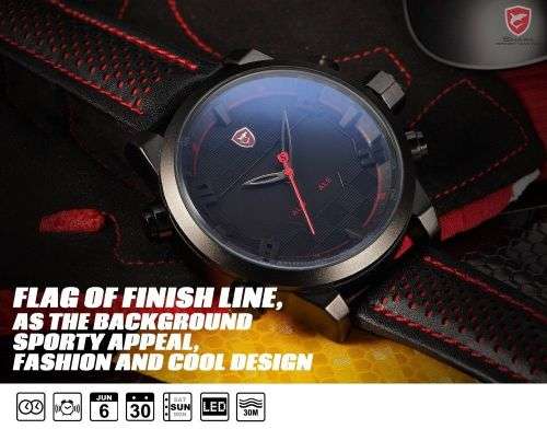 Genuine SHARK Men's Red Dual Date Leather Band LED Digital Sport Watch Ref03