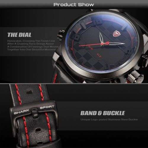 Genuine SHARK Men's Red Dual Date Leather Band LED Digital Sport Watch Ref03