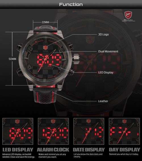 Genuine SHARK Men's Red Dual Date Leather Band LED Digital Sport Watch Ref03