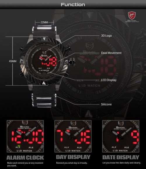 SHARK Men's Black Silicone LED Digital Sport Watch Ref05